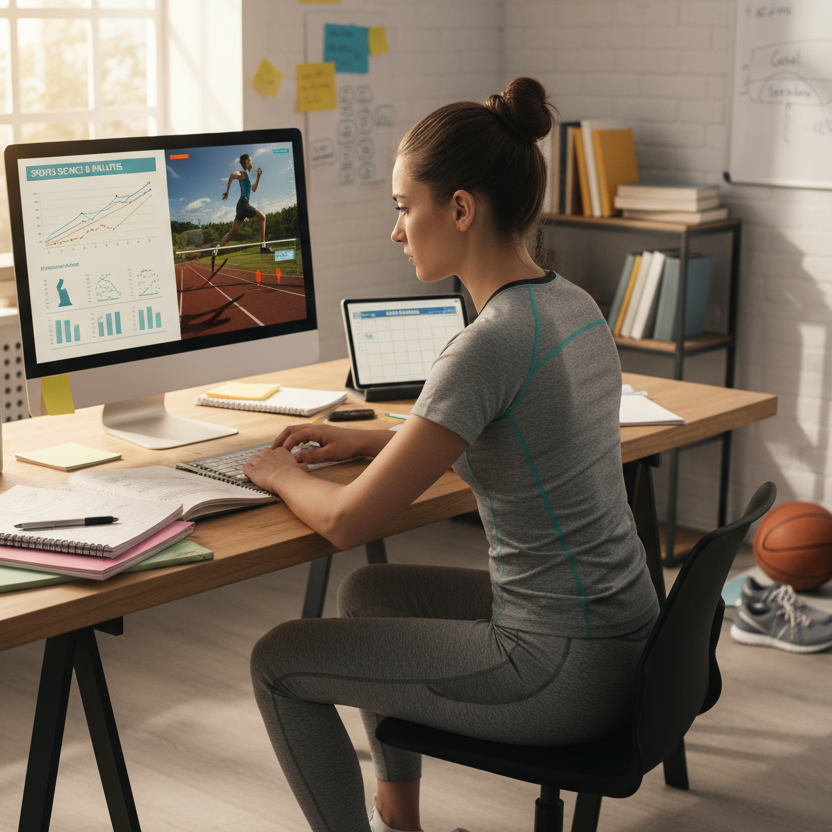young athete sitting in front of computer learning